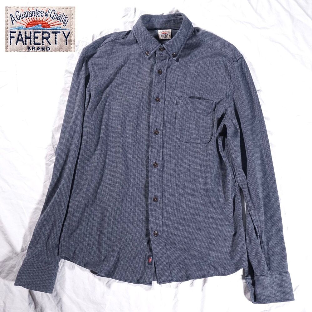 Faherty Button Up Shirt Blue Mini Houndstooth Knit Mens Medium